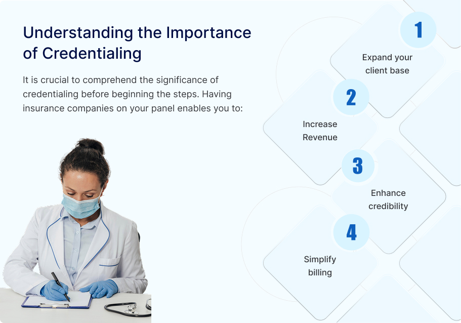 Healthcare provider reviewing paperwork with infographic on the benefits of credentialing