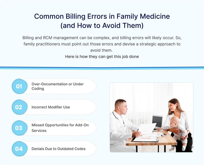 Infographic highlighting common billing errors in family medicine like over-documentation, incorrect modifiers, missed add-on services, and outdated codes, with tips to avoid them.