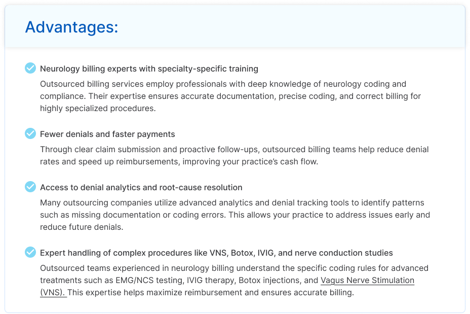 Infographic highlighting key benefits of outsourced neurology billing, including expert coding, fewer denials, advanced analytics, and specialized handling of procedures like Botox and nerve conduction studies.
