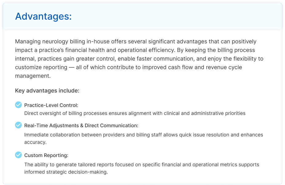 Infographic highlighting benefits of in-house neurology billing including practice control, real-time adjustments, and custom reporting for better financial management.