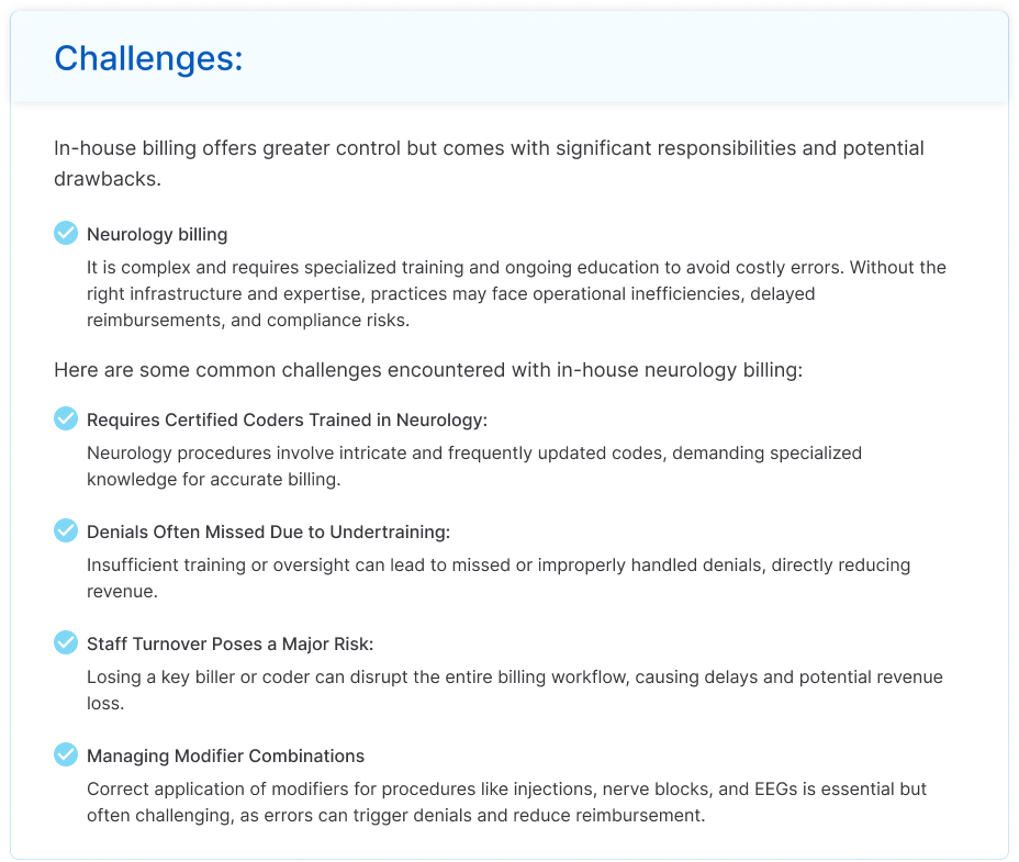 Infographic on in-house neurology billing challenges: specialized coder requirements, denials from undertraining, staff turnover risks, and modifier complexities for procedures like EEGs and nerve blocks.