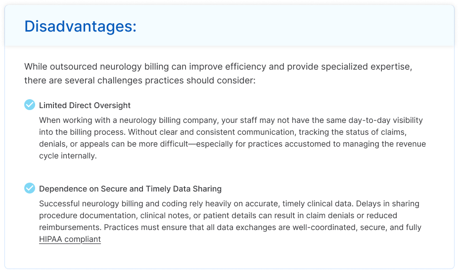Infographic showing potential drawbacks of outsourced neurology billing including limited oversight and data-sharing challenges that may impact claim approvals
